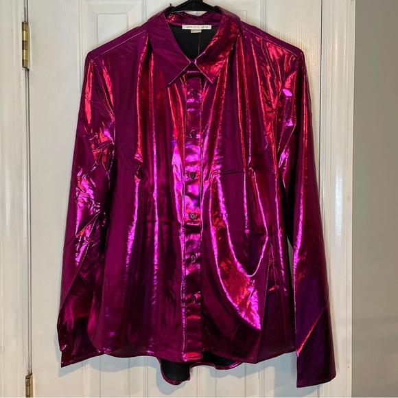 New Cooper & Ella Fuchsia Liquid Shine Women's Shirt Medium Metallic Party NWT - Picture 2 of 16